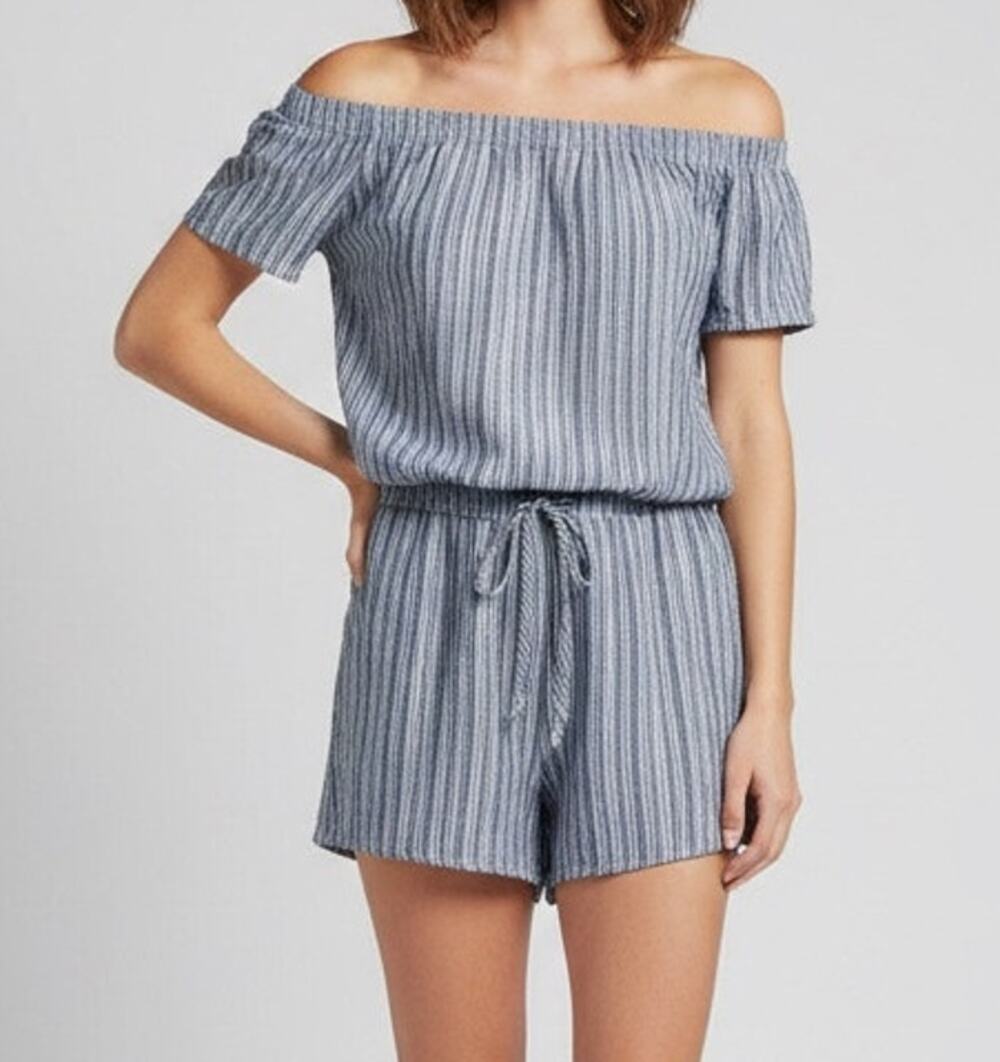 Cloth & Stone XS Romper Blue Stripe Tie Waist Off Shoulder with Pockets